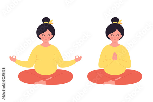 Pregnant woman meditating in lotus pose. Healthy pregnancy, yoga, relax, breathing exercise. Hand drawn vector illustration
