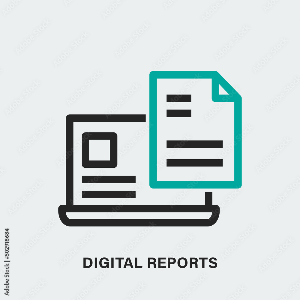 Graphic icon of netbook and document with Digital Reports inscription Graphic icon of netbook and document with Digital Reports inscription