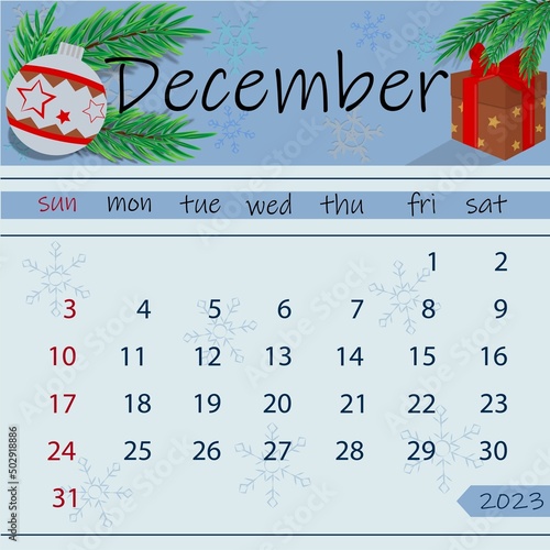 2023, december, calendar, month, day, date, calendar for 2023, calendar for december 2023, banner, printed calendar, snowflakes, snowfall, snow, gift, new year, mood, holiday, New Year's ball, toy, gi