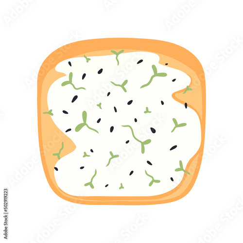 Sandwich with seeds, sprouts and curd cheese. Toast with vegetables. Vegetarian food. Vector illustration in cartoon style. healthy breakfast