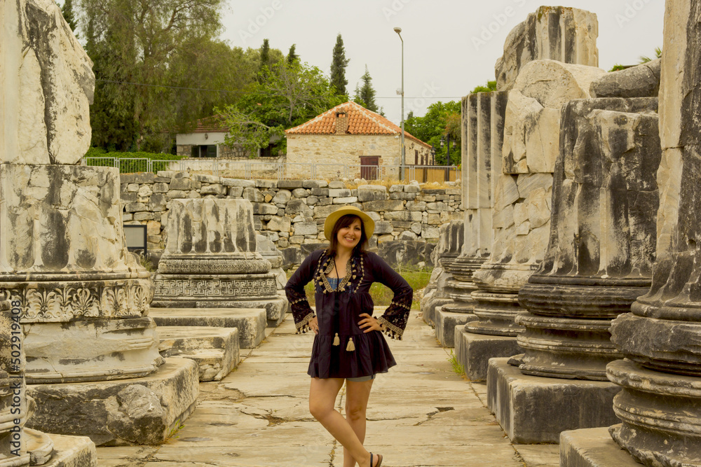 beautiful woman in temple of Apollon, Turkey	