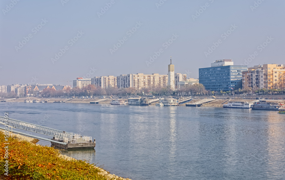 Budapest coastal view of the tourist boats at the Danube river