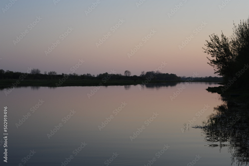Fototapeta premium Peaceful river and trees with sky reflecting in spring in Europe
