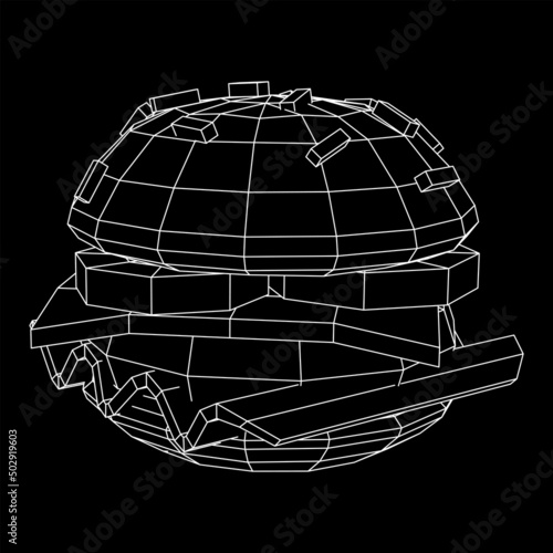 Hamburger or cheeseburger with cutlets, cheese, tomatoes, and other. Wireframe low poly mesh vector illustration.
