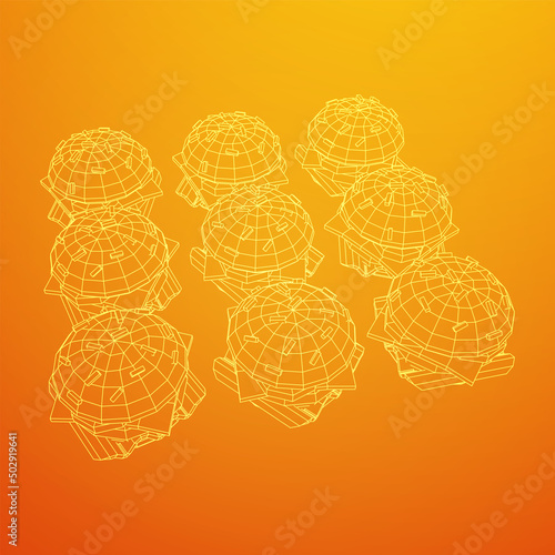 Hamburger or cheeseburger with cutlets, cheese, tomatoes, and other. Wireframe low poly mesh vector illustration.