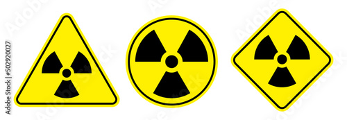 Radioactive warning signs vector set. Triangle, circle, and rectangle shape, black and yellow radioactivity icons isolated on white background.