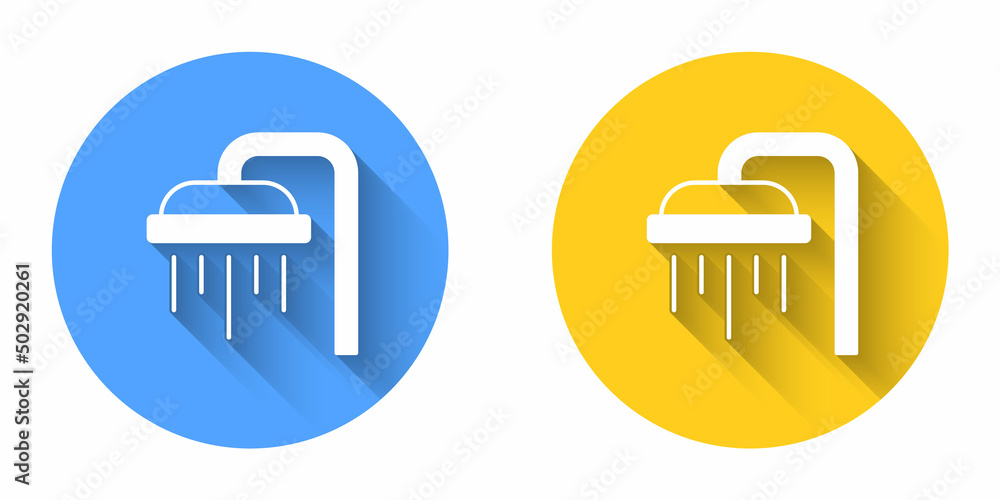 White Shower head with water drops flowing icon isolated with long shadow background. Circle button. Vector White Shower head with water drops flowing icon isolated with long shadow background. Circle button. Vector