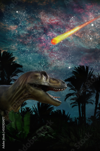 tyrannosaurus watching a meteorite fall on a starry night. The meteorite that wiped out the dinosaurs. © tillottama