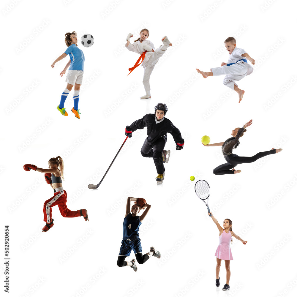 Sport collage. Tennis, running, soccer or football, basketball, hockey, volleyball, boxing, MMA fighter and gymnastics. Kids sports concept - obrazy, fototapety, plakaty 