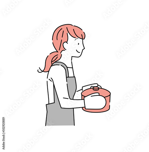 鍋を運ぶ若い女性のイラスト