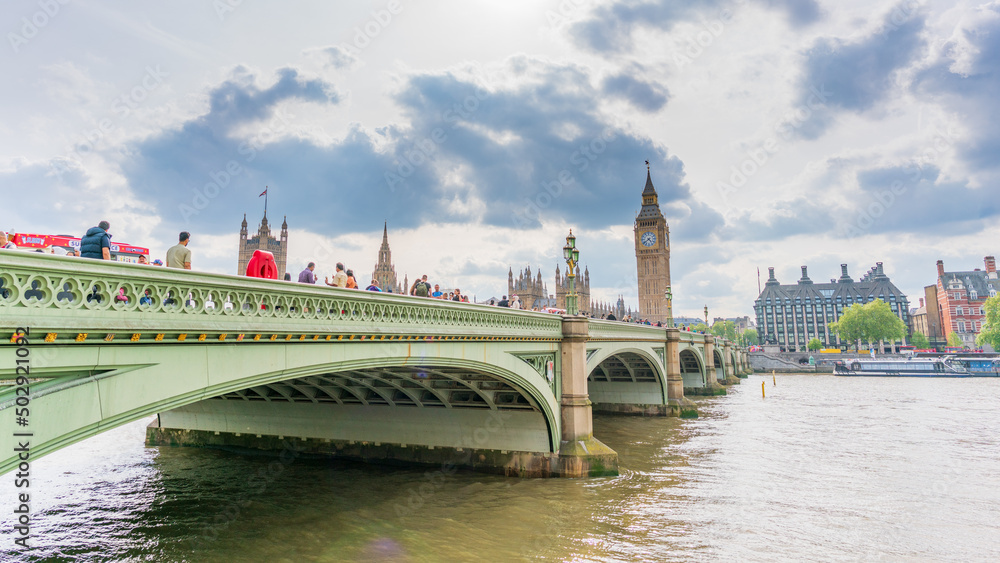 bridge over the river thames to Big Ben in London UK