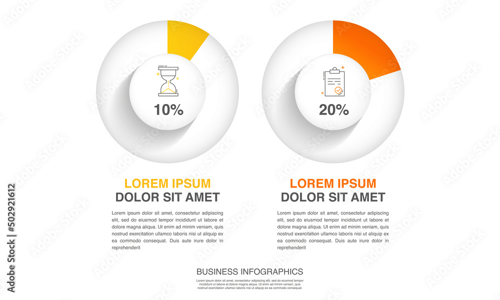 Vector infographic design template. Modern concept with 2 steps. Creative timeline with graph elements, percentage circles and icons. Performance analysis in percent Vector infographic design template. Modern concept with 2 steps. Creative timeline with graph elements, percentage circles and icons. Performance analysis in percent