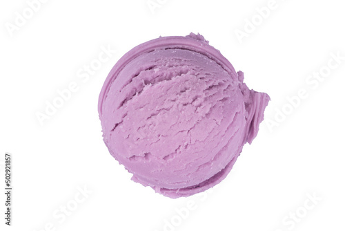 Purple color grape flavor ice cream isolated on white background. Top view photography . Ice cream ball.