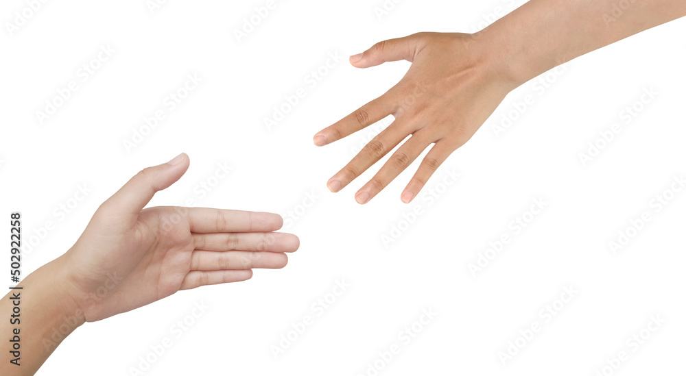 Close up Asian two female hands reaching for each other, help, shaking hands, sign arm and hand isolated on a white background copy space symbol language