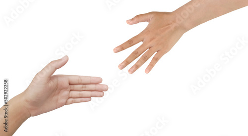 Close up Asian two female hands reaching for each other  help  shaking hands  sign arm and hand isolated on a white background copy space symbol language