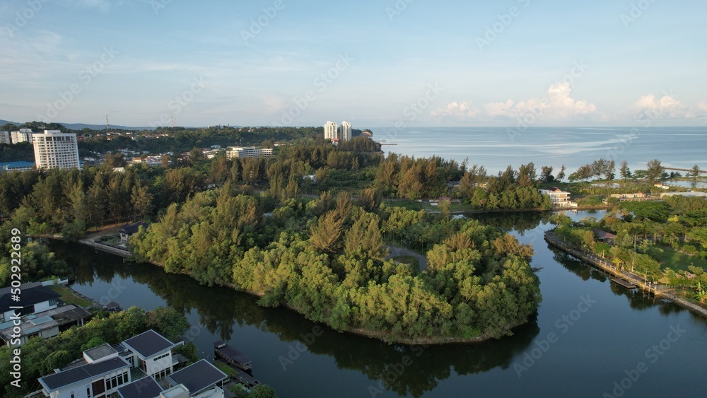 Miri, Sarawak Malaysia - May 2, 2022: The Landmark and Tourist Attraction areas of the of Miri City, with its famous beaches, rivers, city and scenic surroundings