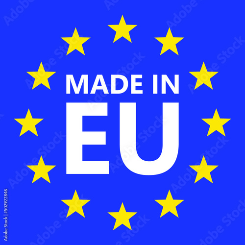 Made in EU. European union logo. Vector illustration. EU flag icon with stars.