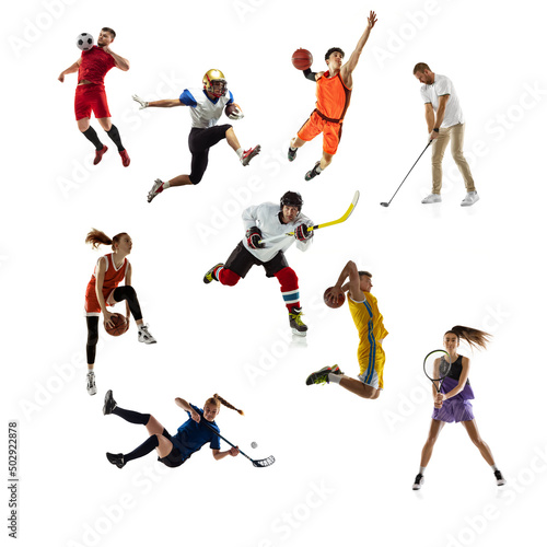 Sport collage. Tennis, running, badminton, soccer and american football, basketball, handball, volleyball, golf, hockey players. © master1305