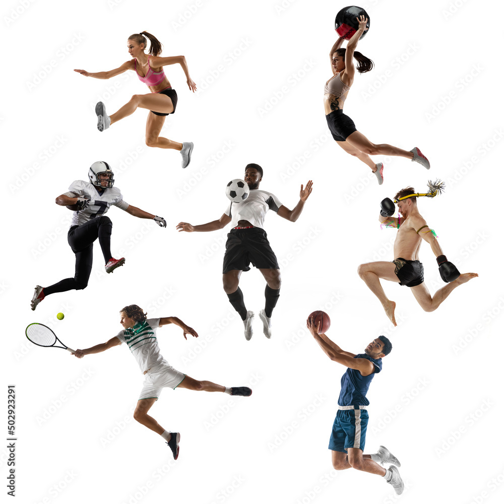Obraz premium Sport collage. Tennis, running, badminton, soccer and american football, basketball, volleyball, boxing, MMA fighter.