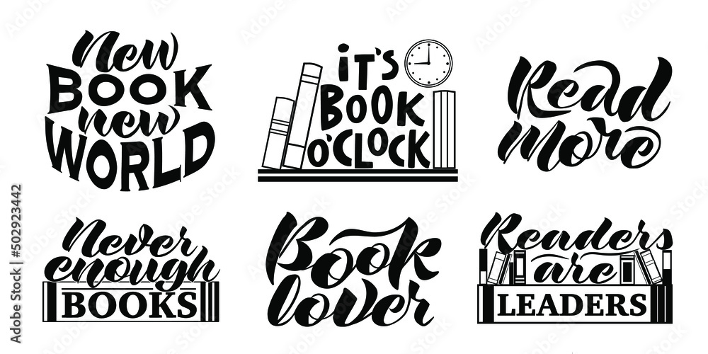 Vector set of handwritten inscriptions on the theme of love for books in black on a white background