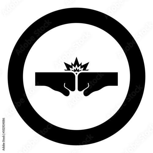 Collision of two fist icon in circle round black color vector illustration image solid outline style