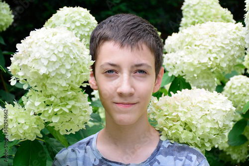 A handsome adolescent boy among the white hydrangea flowers smiles and rejoices in the spring. Portrait of young boy with dark hair among flowers. A teenager has short hair and beautiful blue eyes.