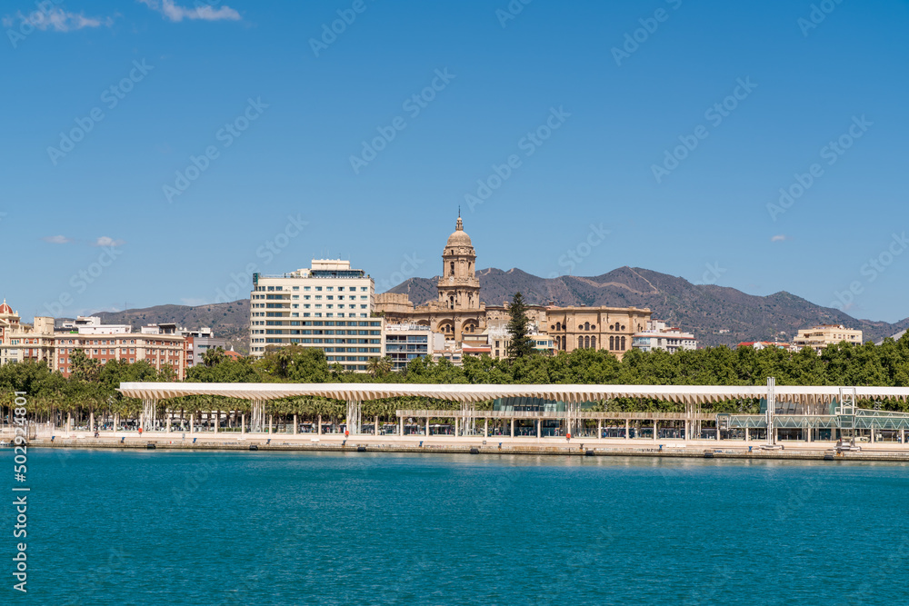 Fototapeta premium Panoramic view of Malaga city with the harbour area of 