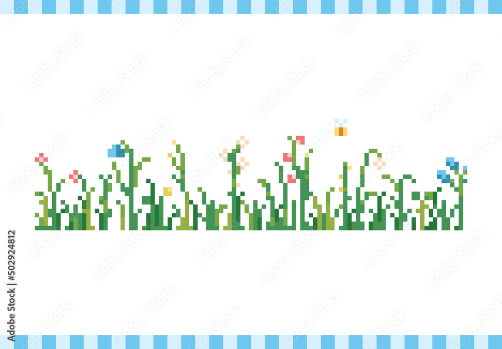 Pixel art background with grass, bee and flowers. 8 bit retro game style vector texture. 