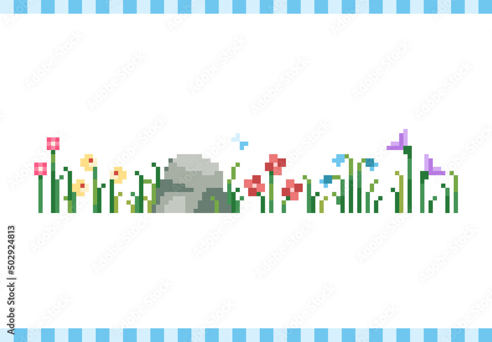 Pixel art background with grass, stones and flowers. 8 bit retro game style vector texture. 