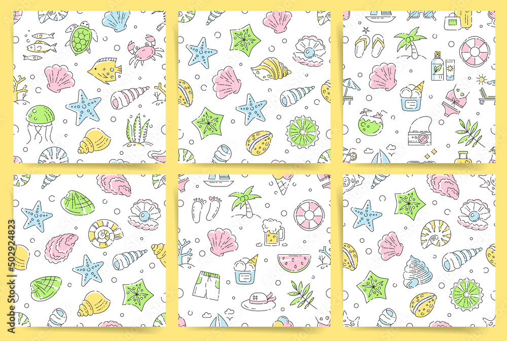 Fototapeta premium Seamless summer vacation icons pattern set. Vector collection of printable background tiles with minimal line art. Repeatable pattern with shellfish, palms, beverage, cocktails, sea fishes.