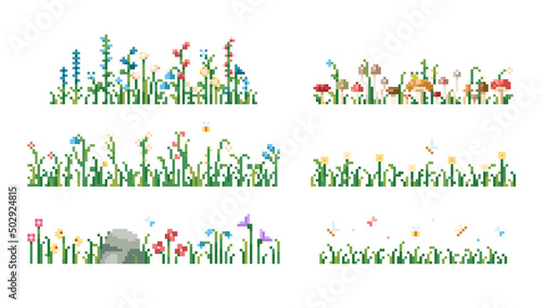 Foto Set of pixel art backgrounds with grass, flowers, bugs, and stones