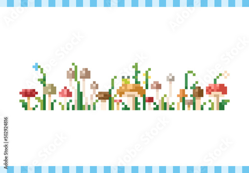 Pixel art background with grass, mushrooms and flowers. 8 bit retro game style vector texture. 