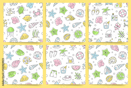 Seamless summer vacation icons pattern set. Vector collection of printable background tiles with minimal line art. Repeatable pattern with shellfish, palms, beverage, cocktails, sea fishes.