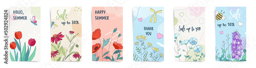 Cute social media stories and Post cards vector backgrounds set. Mobile phone screen design with summer field flowers in red, blue and beige colors. 