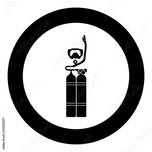 Set of skin-diver scuba diver mask snorkel aqualung dive tank cylinders balloon diving gear icon in circle round black color vector illustration image solid outline style