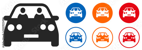 Set of icons car with people. Carpool symbol, people driving car, passenger. Vector colorful icons.