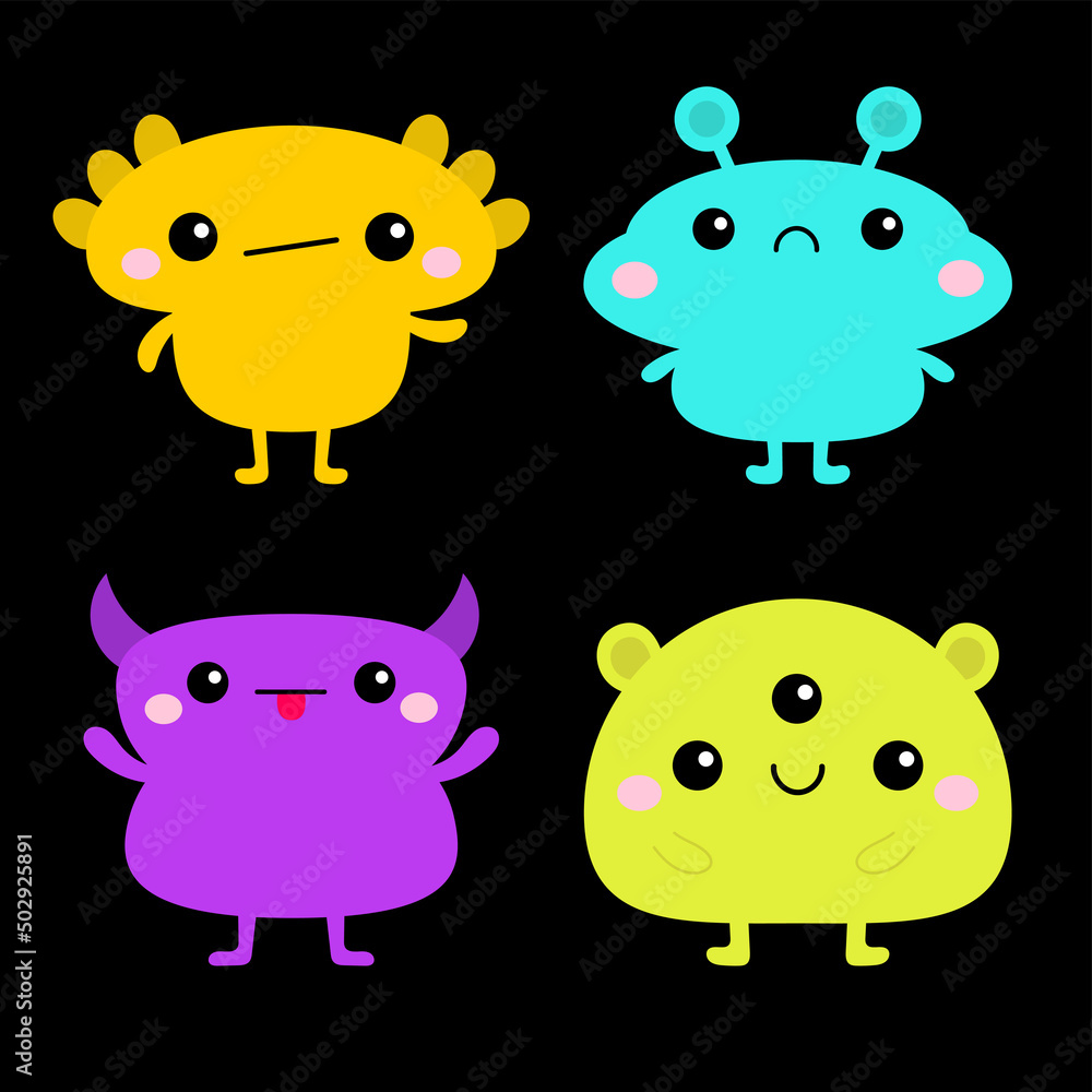 Happy Halloween. Kawaii monster icon set. Cute cartoon funny baby character. Colorful silhouette. Sticker print. Eyes, horn, fang teeth tongue. Flat design. Black background. Happy Halloween. Kawaii monster icon set. Cute cartoon funny baby character. Colorful silhouette. Sticker print. Eyes, horn, fang teeth tongue. Flat design. Black background.