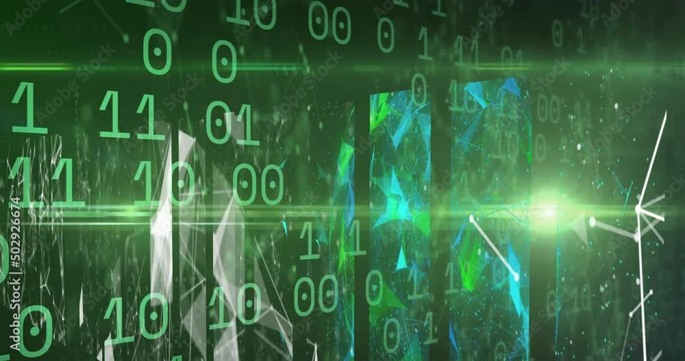 Binary coding data processing over screens of plexus networks against green background Binary coding data processing over screens of plexus networks against green background