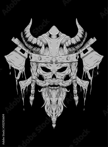 illustration of skull of viking with axe