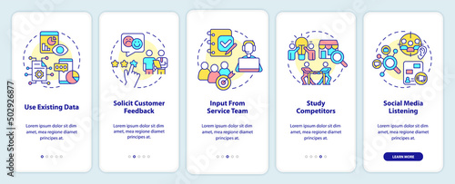 Identifying customer needs onboarding mobile app screen. Walkthrough 5 steps graphic instructions pages with linear concepts. UI, UX, GUI template. Myriad Pro-Bold, Regular fonts used