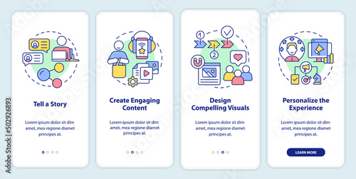 Customer attention span onboarding mobile app screen. Walkthrough 4 steps graphic instructions pages with linear concepts. UI, UX, GUI template. Myriad Pro-Bold, Regular fonts used
