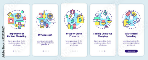 Customer behavior tendencies onboarding mobile app screen. Walkthrough 5 steps graphic instructions pages with linear concepts. UI, UX, GUI template. Myriad Pro-Bold, Regular fonts used