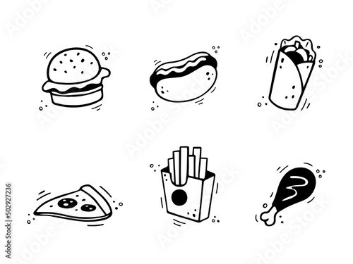 Hand drawn fast food icons. Sketch of snack elements - burger, French fries box, pizza, doner, chicken leg. Fast food illustration in doodle style. Fast food collection.