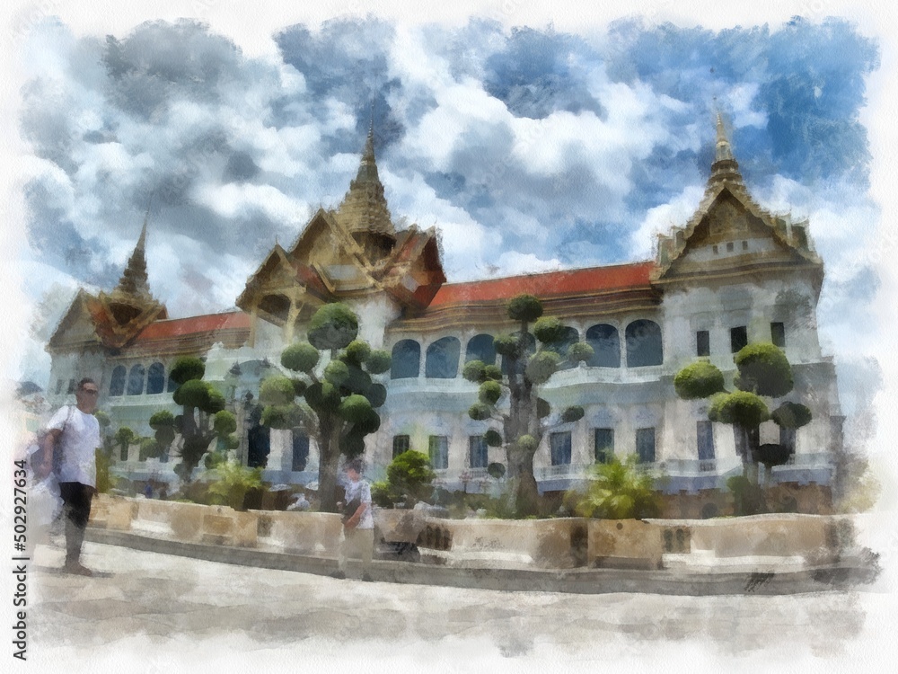 Landscape of ancient architecture and ancient art in the Grand Palace, Wat Phra Kaew Bangkok watercolor style illustration impressionist painting.