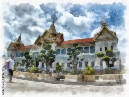 Landscape of ancient architecture and ancient art in the Grand Palace  Wat Phra Kaew Bangkok watercolor style illustration impressionist painting.