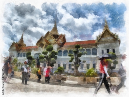 Landscape of ancient architecture and ancient art in the Grand Palace, Wat Phra Kaew Bangkok watercolor style illustration impressionist painting.