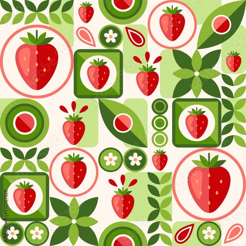 Seamless background with strawberry, circles, abstract geometric shapes. Simple minimal style. Good for branding, decoration of food package, cover design, decorative home kitchen prints