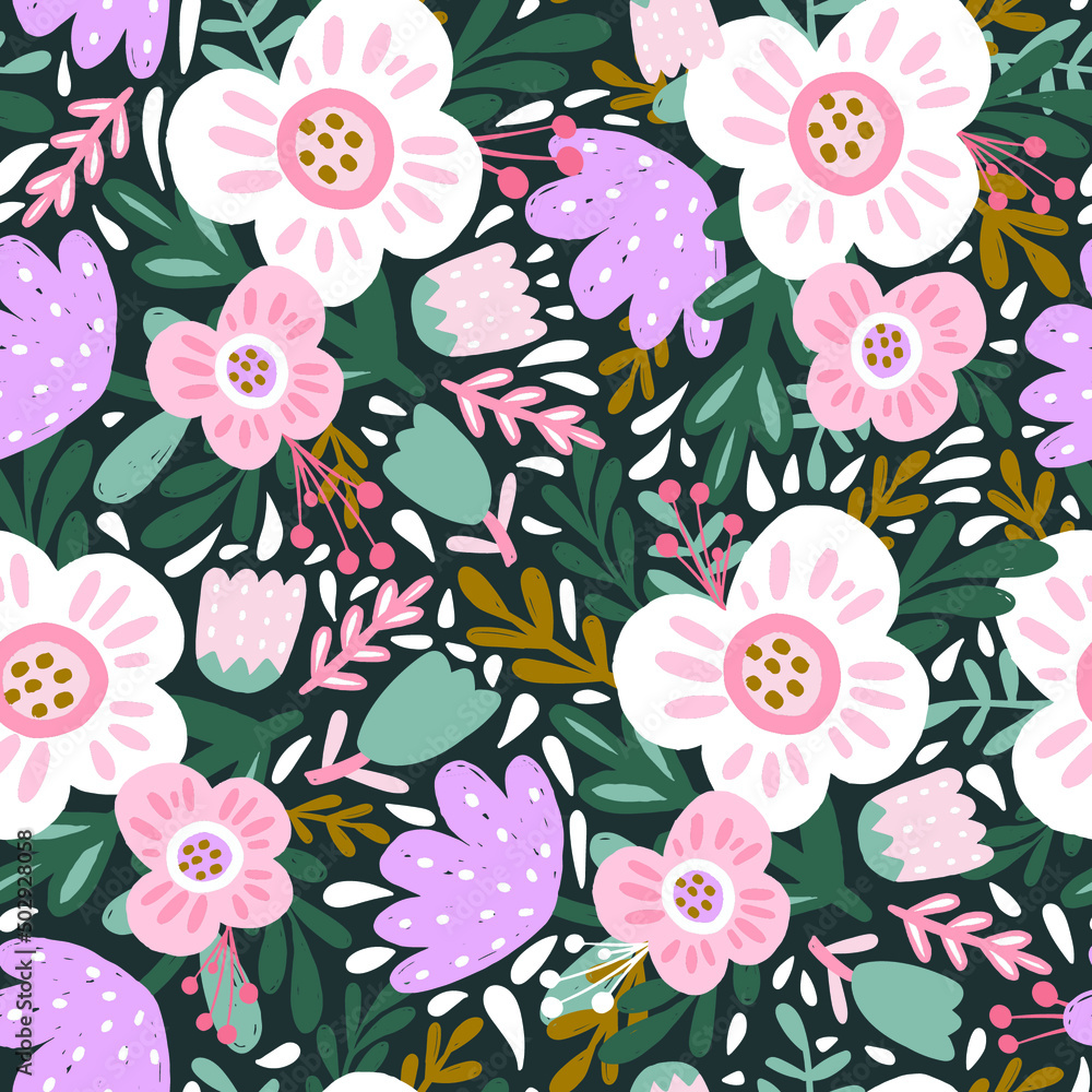 Obraz premium Seamless floral pattern with hand drawn bold flowers. Spring summer blossom background. Perfect for fabric design, wallpaper, apparel. Vector illustration