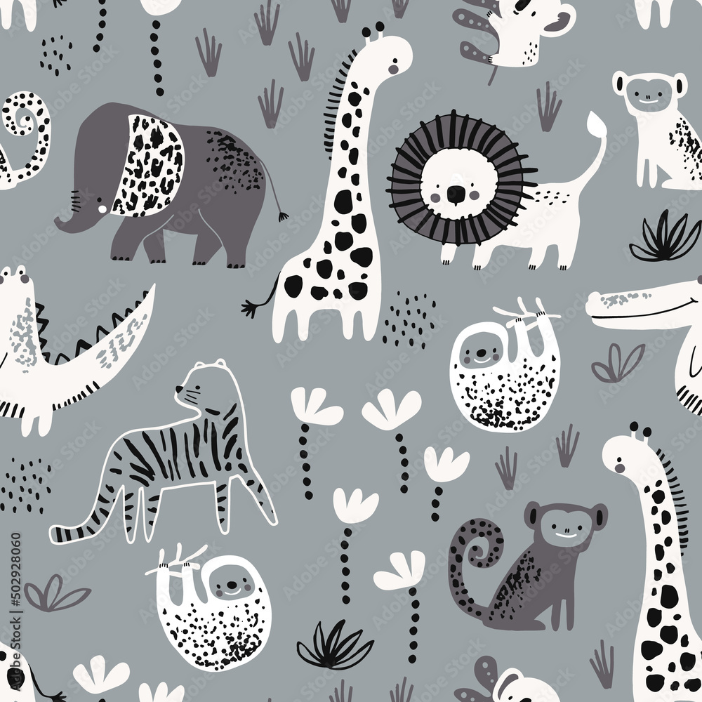 Seamless childish jungle pattern with tiger, lion, crocodile, giraffe, sloth, monkey, monkey, elephant and jungle florals. Perfect for fabric,textile. Creative Vector background Seamless childish jungle pattern with tiger, lion, crocodile, giraffe, sloth, monkey, monkey, elephant and jungle florals. Perfect for fabric,textile. Creative Vector background