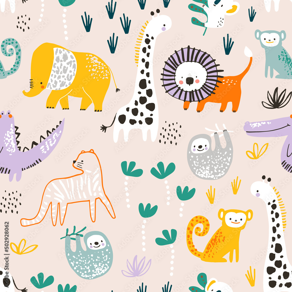 Seamless childish jungle pattern with tiger, lion, crocodile, giraffe, sloth, monkey, monkey, elephant and jungle florals. Perfect for fabric,textile. Creative Vector background